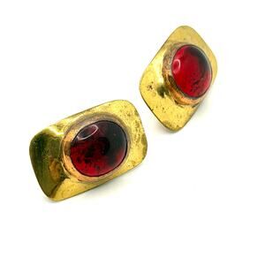 Vintage 80s Gold Tone Deep Red Glass Cabochon Rectangular Omega Back Earrings